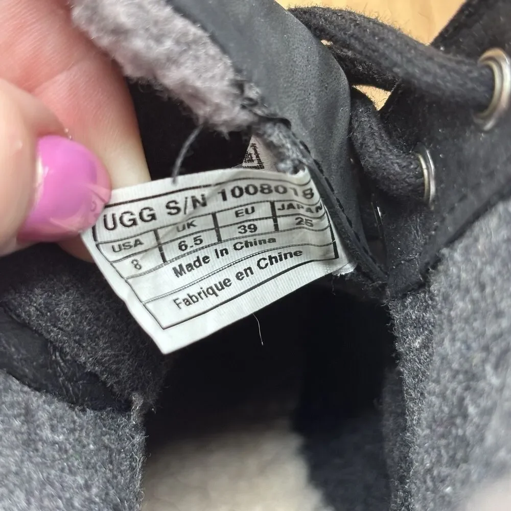 UGG Zea Waterproof Black Leather Gray Shearling Wedge‎ Heel Lace-Up Boots SIZE 8